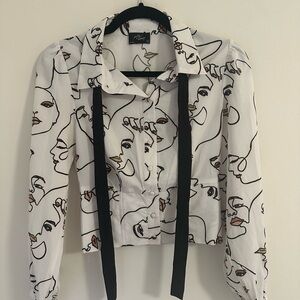 White Abstract Face Print Blouse with Black Accents, Size S